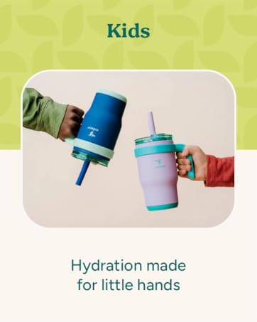Image of two children holding spill free tumblers with text reading kids.