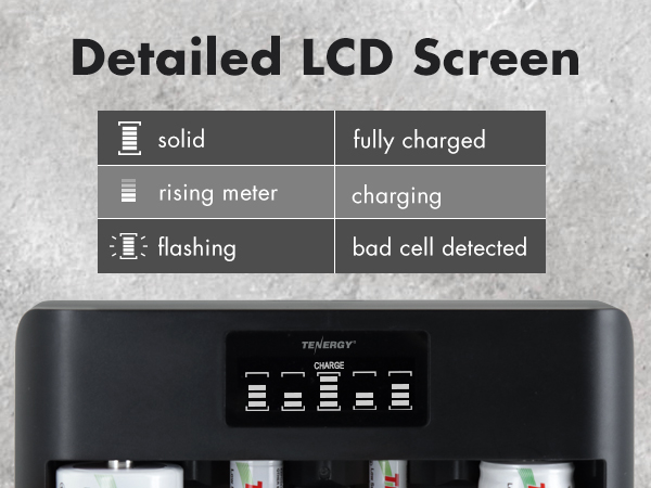Detailed LCD screen with charging status for each battery