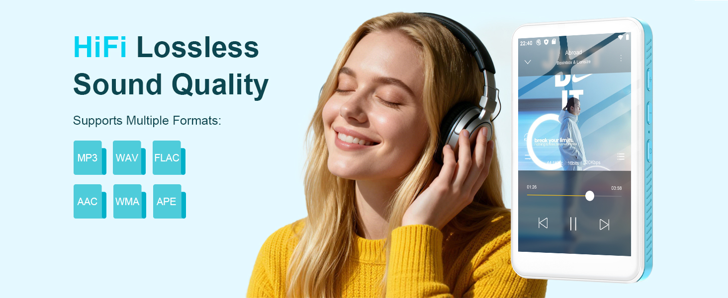 Text reads: 'HiFi Lossless Sound Quality' with icons showing audio features. Product images showing wireless headphones and app interface.