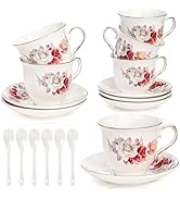 WRINGKIT Tea Cups and Saucers Set of 6, 8 Oz Porcelain Floral Tea Cups with Gold Trim Spoon, Bone...