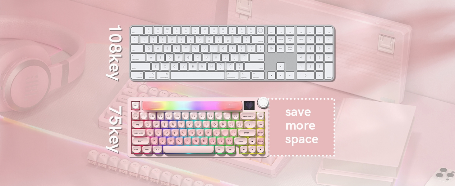 75% Wireless Mechanical Keyboard with Screen and Knob, Pink Cat Creamy Bluetooth Gaming Keyboard