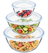 E-far Glass Mixing Bowls Set of 3 with Airtight Lids, 4.8/2.9/0.8 Qt Clear Glass Bowls for Cookin...