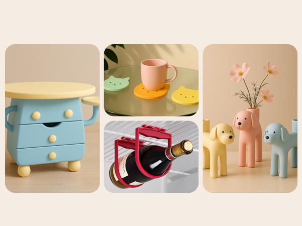 Collage of three pastel-colored lifestyle product photos showing a blue drawer organizer, orange mug, and decorative wooden figures in soft beige and blue tones.