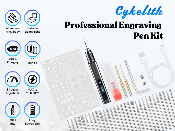 Professional engraving pen kit with aluminum alloy body, USB-C charging, and 21000RPM speed. Includes pen, stencils, bits, and accessories. Features adjustable speed and 30+ hour battery life.