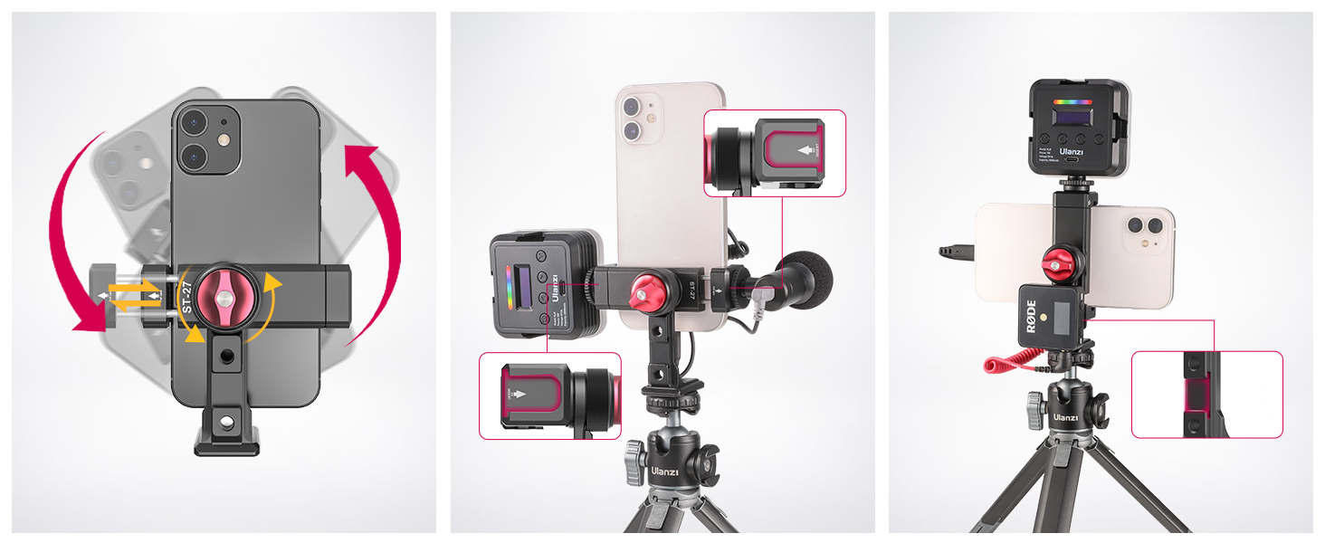 ULANZI ST-27 Phone Tripod Mount, 360° Metal Phone Holder for Tripod w 3 Cold Shoes &amp; Arca Port