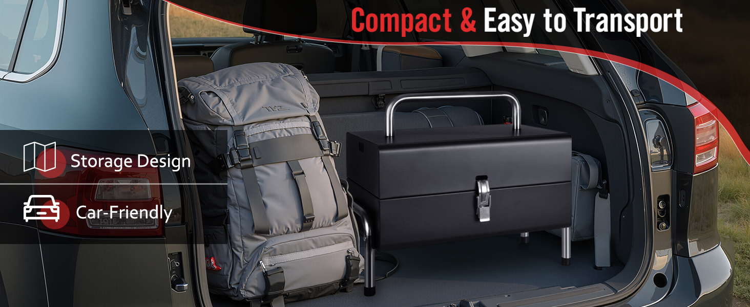 Car trunk packed with luggage and gear. Text highlights 'Compact &amp; Easy to Transport', 'Storage Design', and 'Car-Friendly' features.