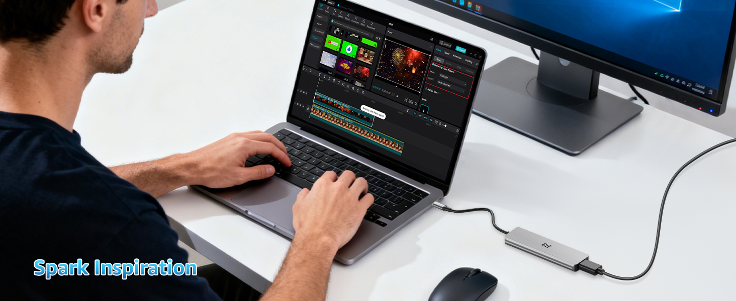 Multiple computer screens displaying financial or trading interface with charts, graphs and data visualizations in dark mode with blue and green highlights.