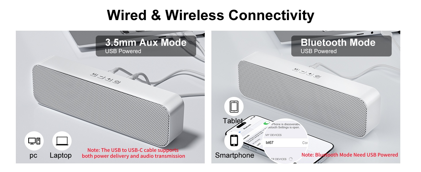 Computer speaker with wired 3.5mm AUX and wireless Bluetooth 5.3