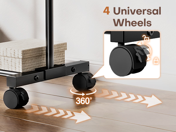 The clothing rack has four 360° rotating casters with brakes
