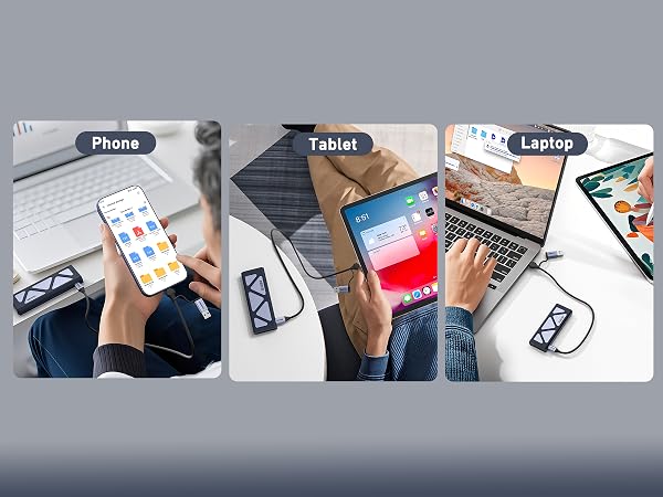 Three-panel image showing various electronic devices: a smartphone with app icons, a tablet displaying a colorful screen, and a laptop with an open lid on a desk.