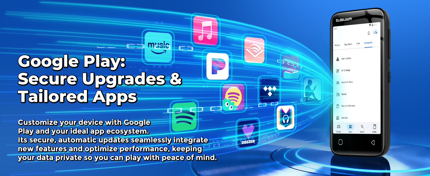 MP3 player showing Google Play updates with music and audiobook app icons flowing around it.