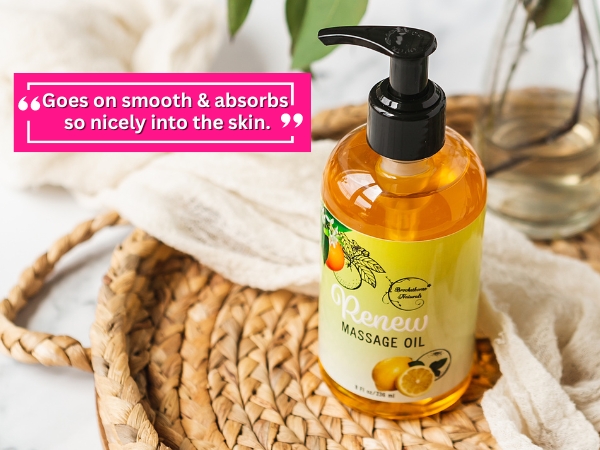 Renew massage oil goes on smooth &amp; absorbs nicely into the skin.