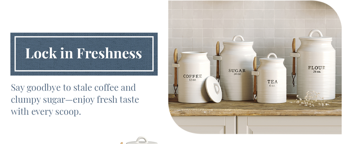 Ceramic Sugar Tea Canister Kitchen with Scoop Flour Container Ceramic Airtight Food Safe Farmhouse