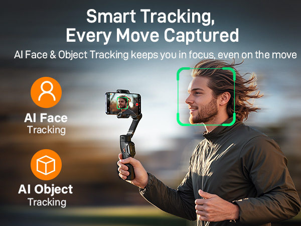 Text reads 'Smart Tracking, Every Move Captured' and 'AI Face &amp; Object Tracking keeps your focus even on the move.' Marketing images showing AI tracking features.