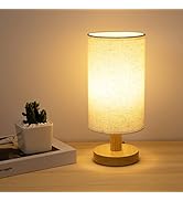 Small Bedside Table Lamp for Bedroom, Minimalist Wood Base &amp; Round Fabric Shade, Mini Cute Cozy W...