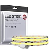 BTF-LIGHTING FCOB USB Powered Warm White 3000K COB LED Strip Lights 3.28FT 320LEDs 5V 8mm Width 9...