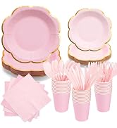 Pink Paper Plates and Napkins Party Supplies for 50 Guest, 350Pcs Pink Scalloped Mother's Day Par...
