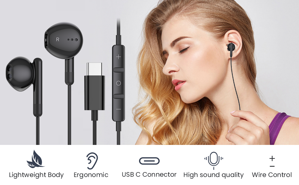 USB Type C Earphones in-Ear USB C Earbuds Wired Headphones with Microphone and Volume Control
