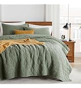 palassio Olive Green King Size Quilt Set, Muslin Cotton Shell Down-Alt Poly Filling, Soft Shabby ...