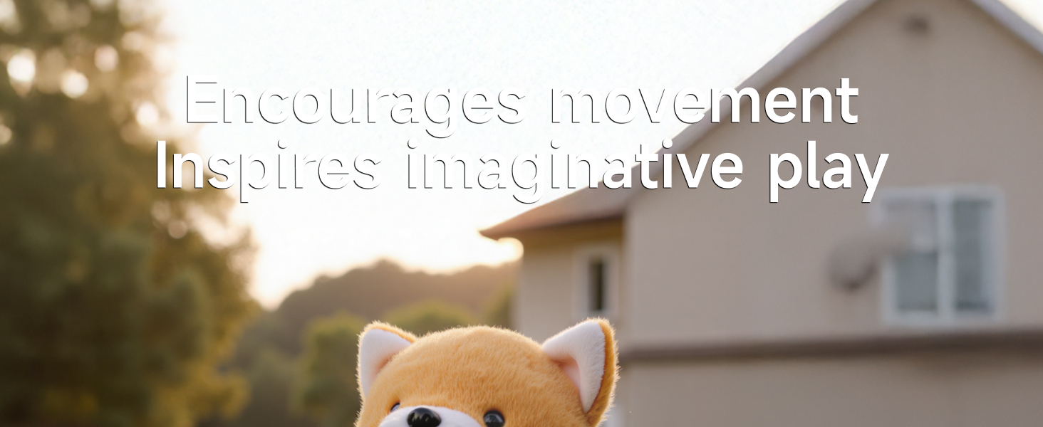 Text reads 'Encourages movement' and 'Inspires imaginative play'. Series of outdoor scenes showing stuffed toy in nature settings.