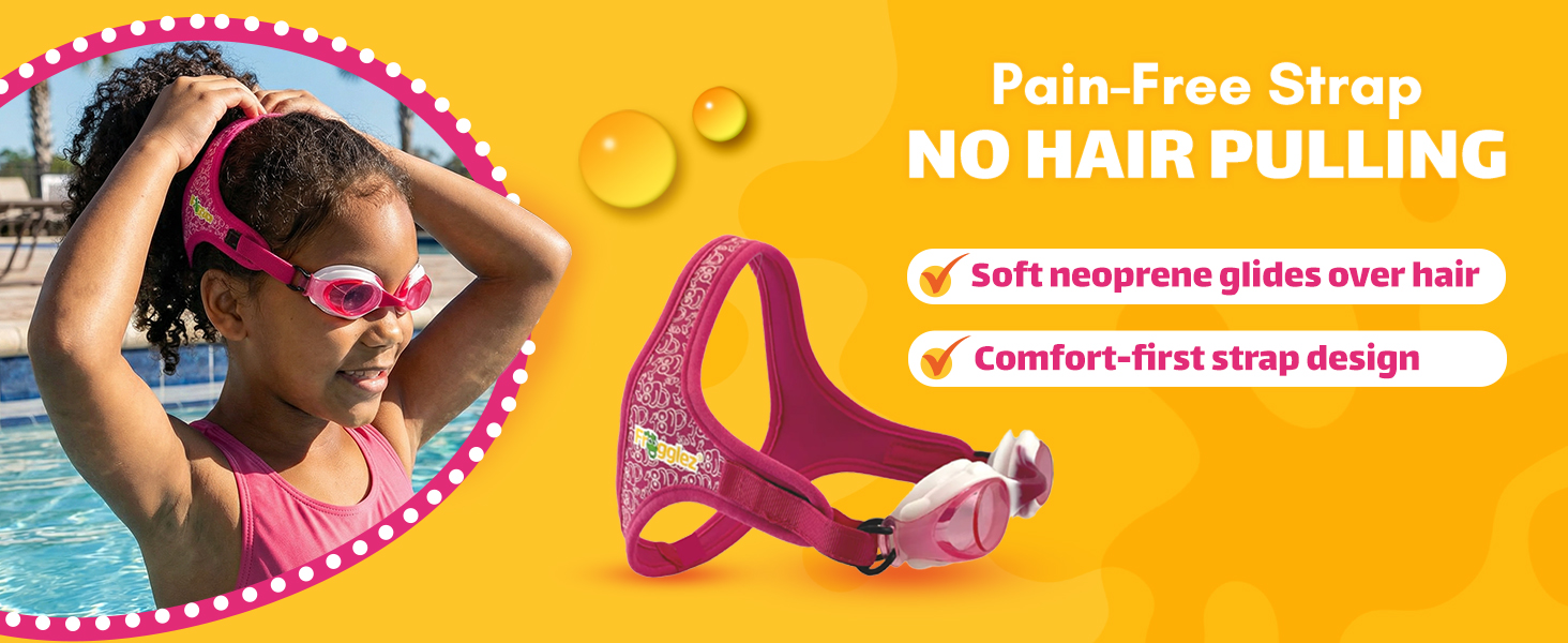 Girl wearing pink no hair pull kids swimming goggles with a soft fabric strap