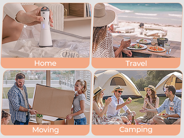 Text reads 'Home', 'Travel', 'Moving', 'Camping'. Lifestyle photo collage showing various outdoor and indoor activities with labeled categories.