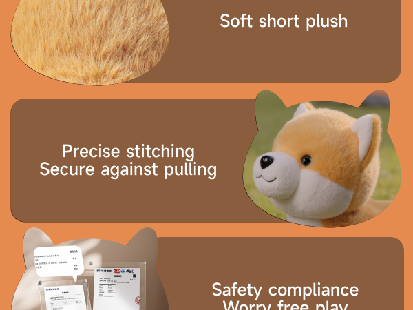 Text reads: 'Soft short plush', 'Precise stitching', 'Safety compliance', 'Secure against pulling'. Product images showing details of a plush toy's construction and safety features.