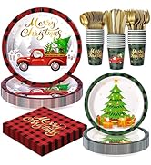 Merry Christmas Party Tableware Supplies, 168PCS Christmas Plates Napkins Cups and Gold Cutlery S...