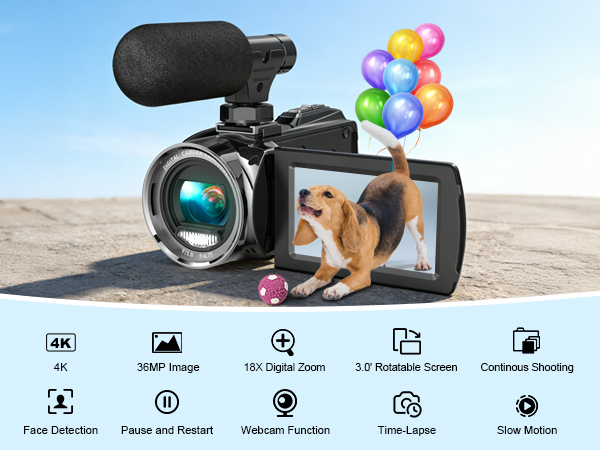 4K Video Camera Camcorder 64MP Vlogging Camera for YouTube 3.0&amp;#34; Touch Screen IR Night Vision