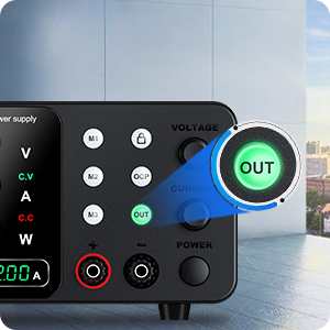 Close-up of a digital power supply control panel with buttons, display showing voltage and current, and a large blue illuminated 'OUT' button.