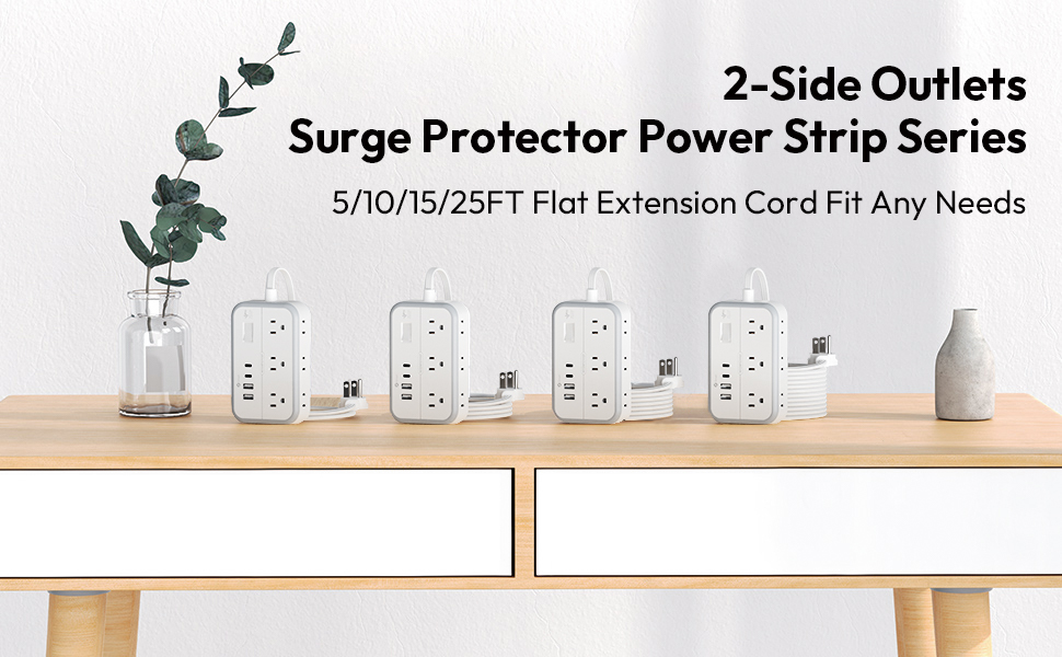 Extension Cord Surge Protector Power Strip USB Charger Flat Plug Outlet Extender Long Cord