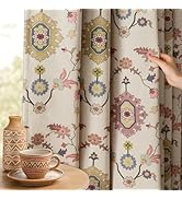 XOGUIBO Boho Floral Blackout Curtains for Living Room, Beige Linen Textured Drapes with Colorful ...