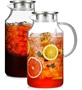 2 Pack 1 Gallon thickened Glass Pitcher with Lid and Spout, Borosilicate Glass Carafe for Hot/Col...