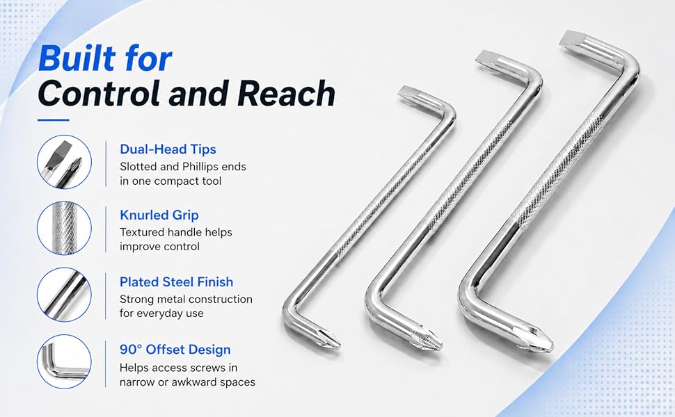 Offset screwdriver set with knurled grip.
