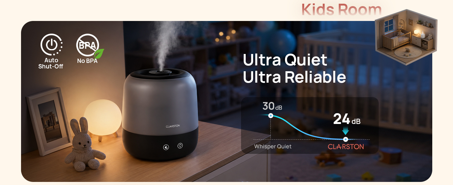 Auto Shut-Off and BPA-free material ensure reliability. 24dB ultra-quiet ensures absolute silence