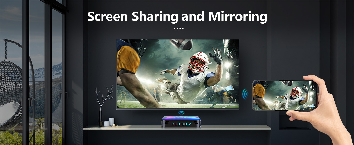 Screen mirroring demonstration showing gaming content being shared between a large TV display and mobile device held in hand.