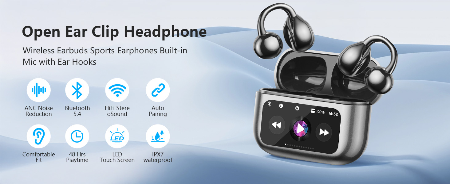 Open Ear Clip On Earbuds Intelligent Touch Color Screen Open Ear Wireless Bluetooth 5.4 Headphones