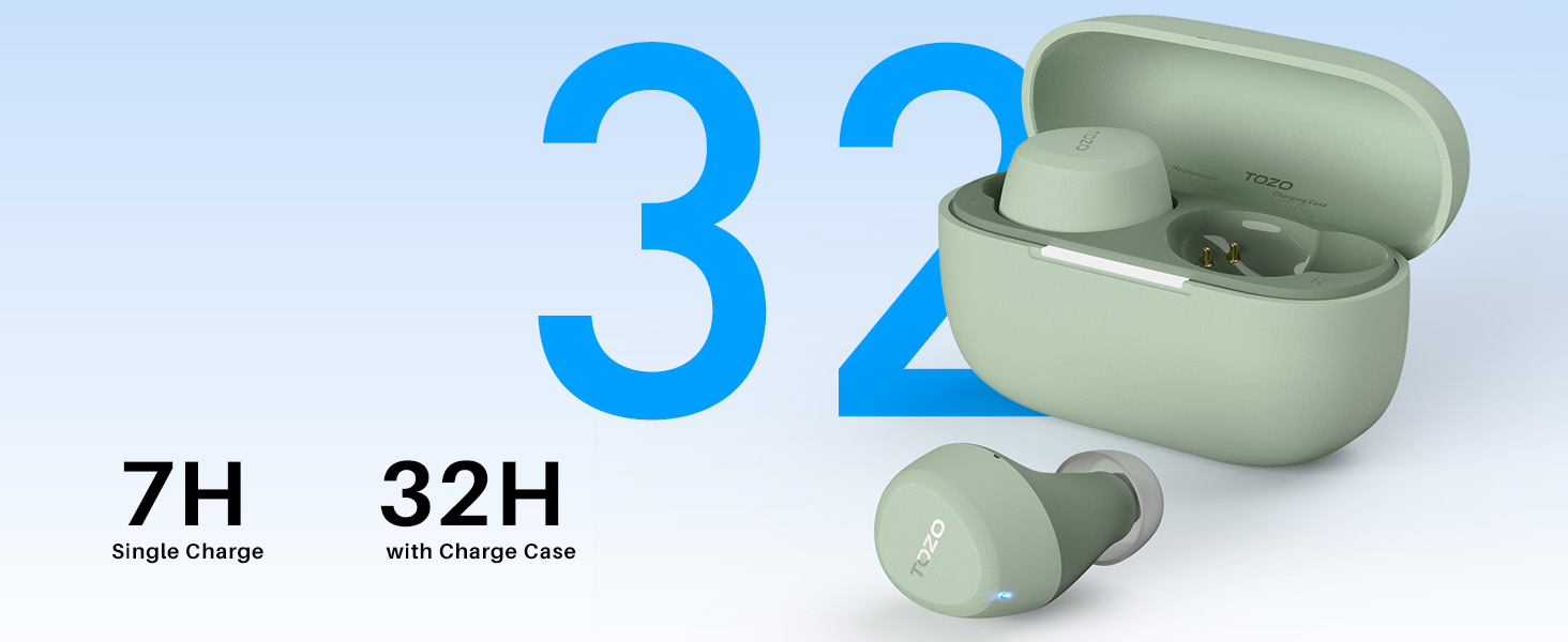 TOZO A1 earbuds with charging case showing 7 hours single charge and 32 hours total battery life
