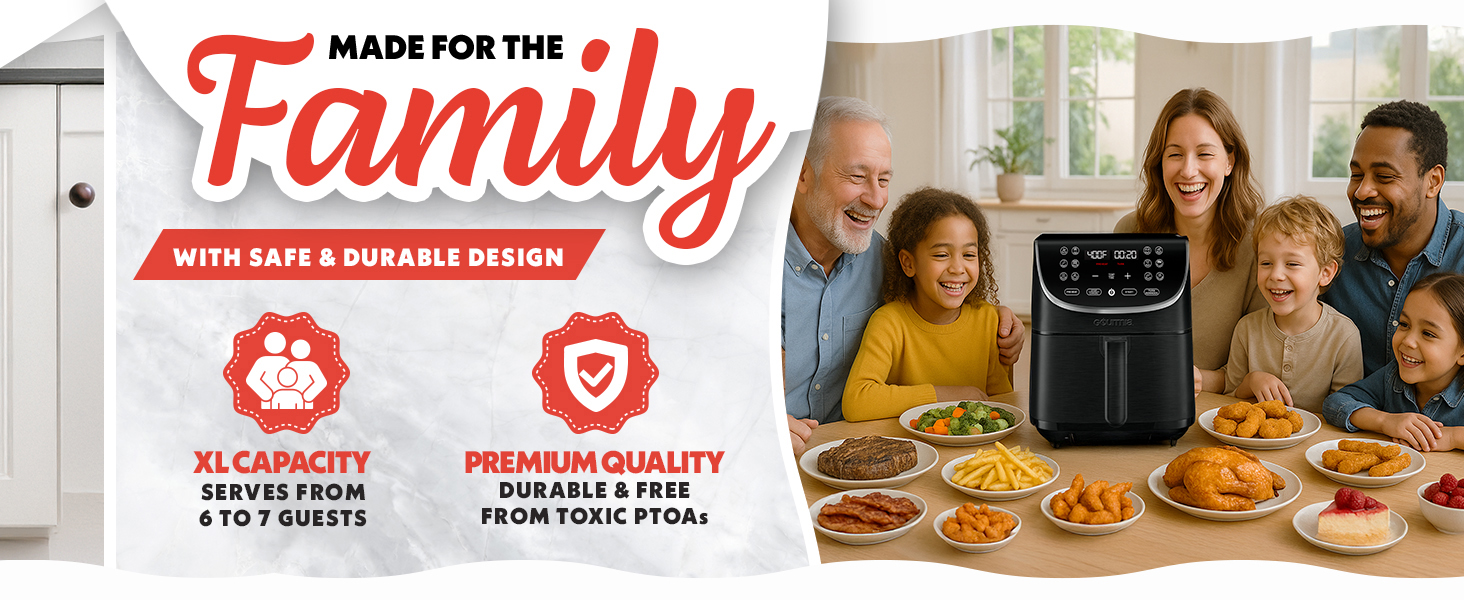 Gourmia XL air fryer with 7-quart basket cooking a full family meal