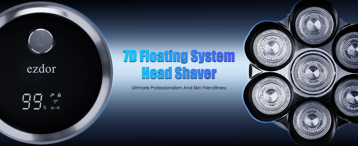 Text reads '7R Floating System Head Sharp'. Series of product shots showing glossy black round compact with metallic details against dark background.