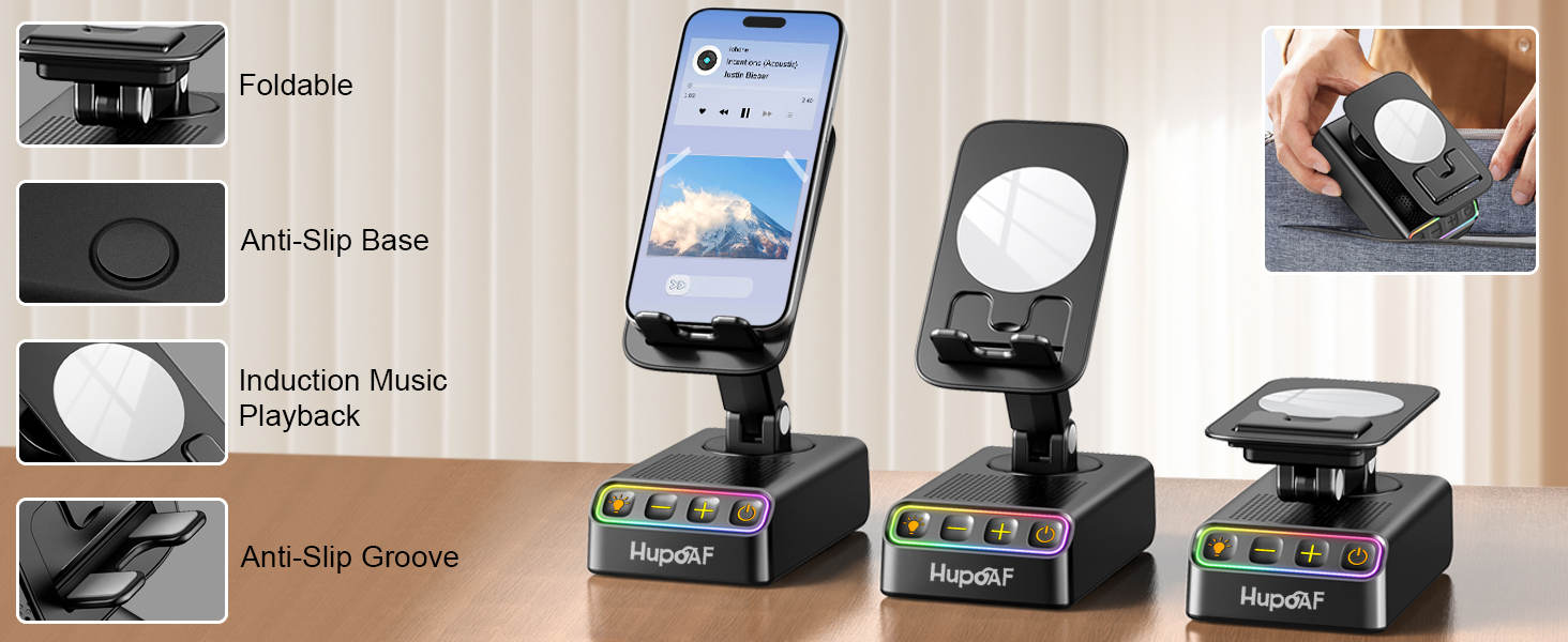 Product demonstration showing phone holder with rotating base. Multiple panels display different adjustment angles and mounting options.