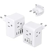 2 Pack European Travel Plug Adapter, International Power Plug Adapter with 3 Outlets 4 USB Chargi...