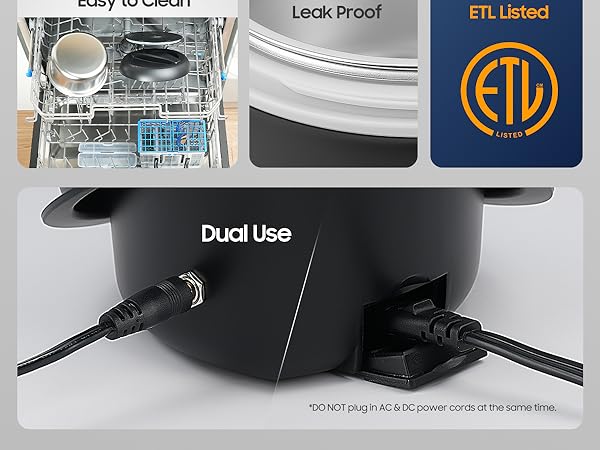 Electric lunch box showing dual power ports, ETL certification, and dishwasher-safe parts