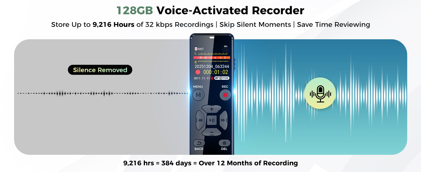 128GB Voice Activated Recorder store up to 9,216 Hours of 32 kbps Recordings | Skip Silent Moments