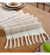 Niviy White Table Runner 72 Inches Long with Tassels, Ivory Embroidered Table Runner Farmhouse Ru...