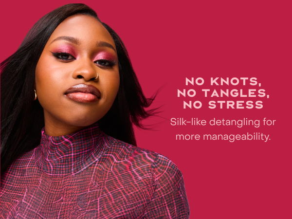 Image of a black woman with straight hair, next to text highlighting product's benefits.