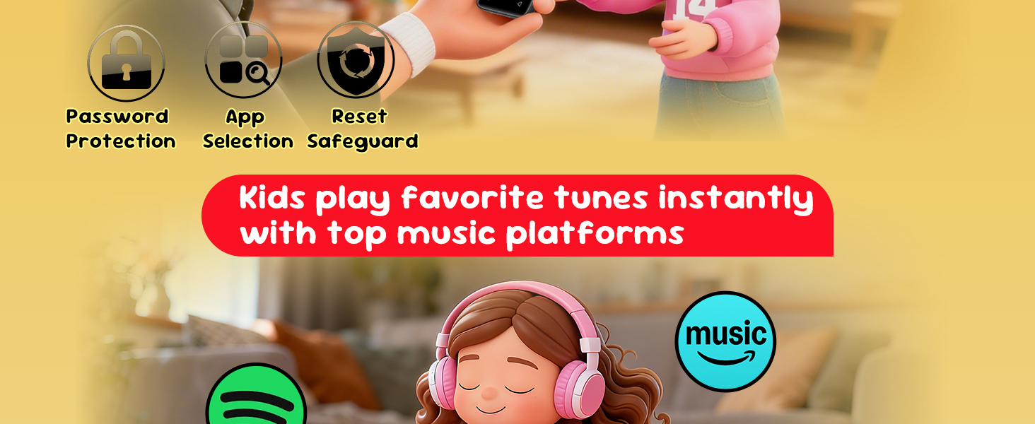 Password protection, app selection, and reset safeguard for kids to enjoy safe music instantly.