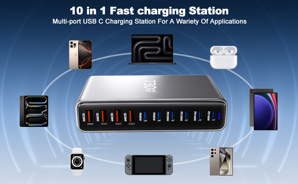 Text reads '10 in 1 Fast charging Station'. Multiple device charging dock shown in use with various smartphones and devices connected simultaneously.
