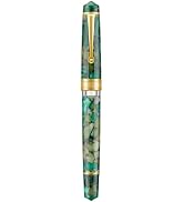 Asvine P20 Piston Fountain Pen Green Marble Acrylic, Medium Nib Gold Trim Smooth Writer Collectio...