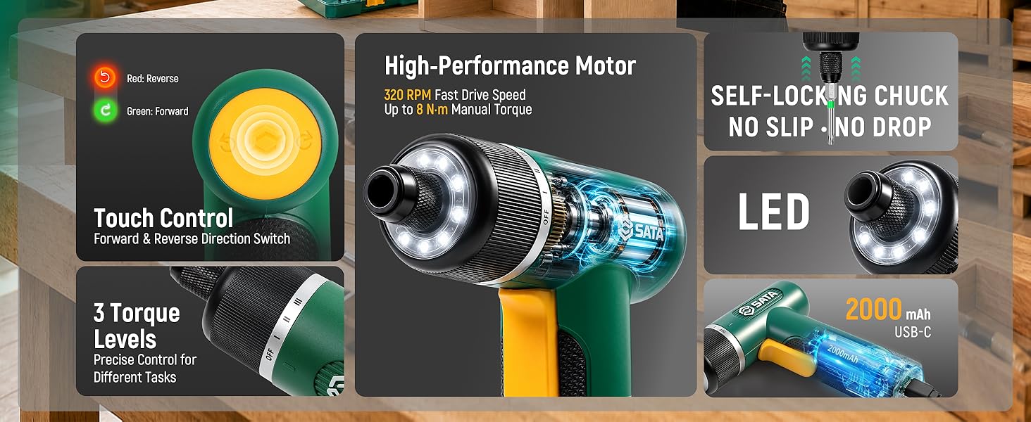Cordless electric screwdriver with 320 RPM motor, 3 torque levels and LED work light